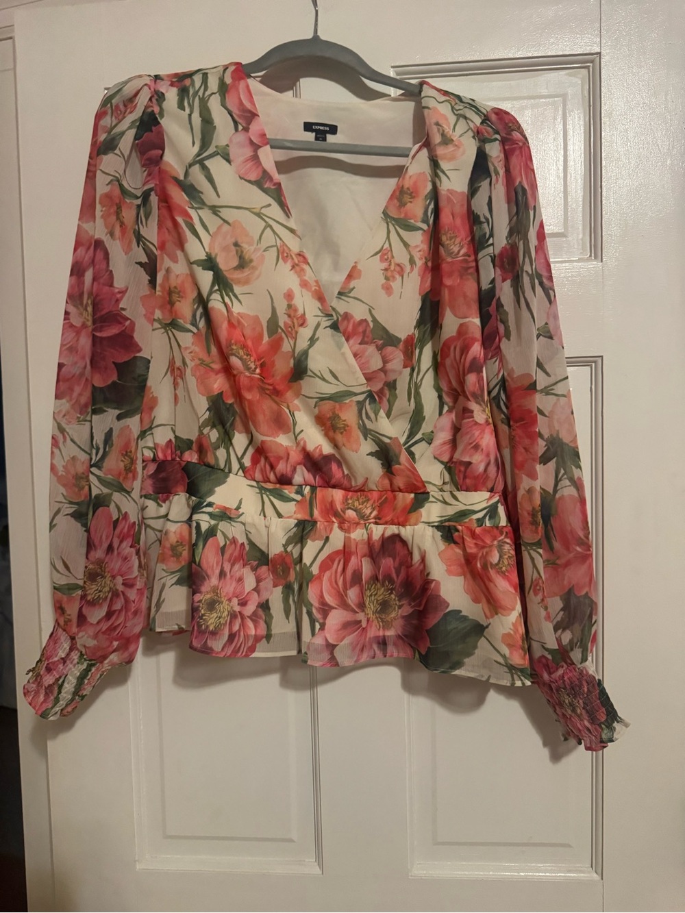 Express Cream Floral Wrap Peplum Blouse - Pink & Green